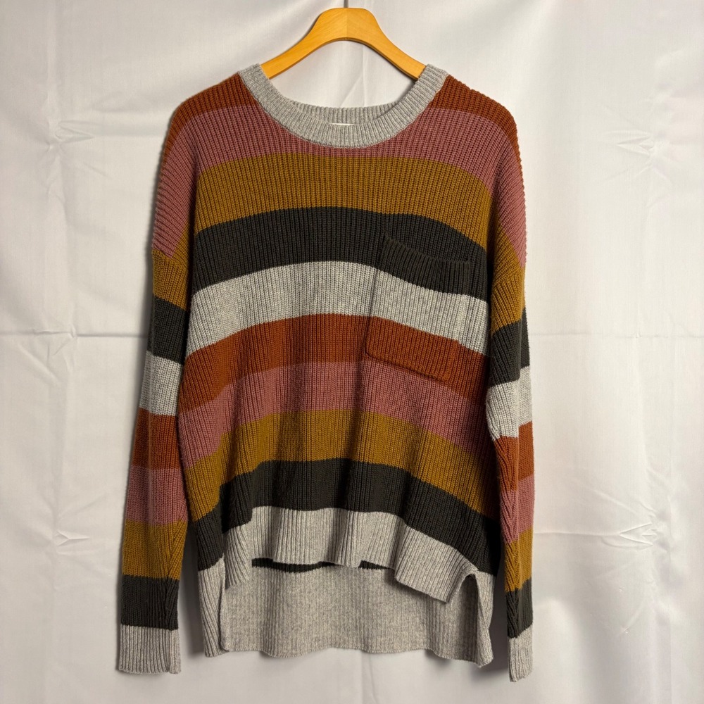 Madewell Multi Color Striped Ribbed Crewneck Sweater Pocket High Low Medium